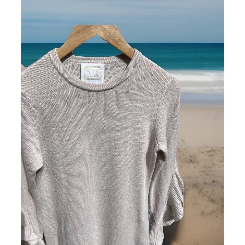 STS Sail To Sable Beige Ruffle Long Sleeve Pullover Sweater Wool Cashmere Medium